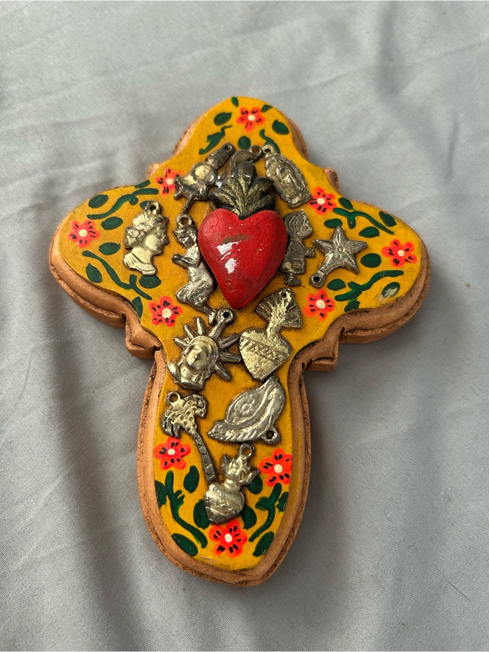 Hand-Painted Yellow Floral Milagro Cross Wall Decor with Red Heart